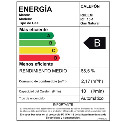 Calefont Rheem 10 litros tiro natural GN - Eficiencia Energética