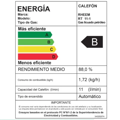 Calefont Rheem 11 litros tiro natural GL - Eficiencia Energética