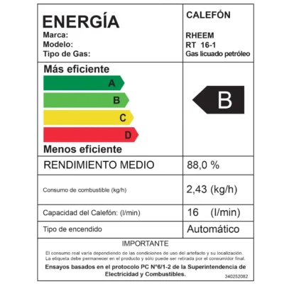 Calefont Rheem 16 litros tiro natural GL - Eficiencia Energética