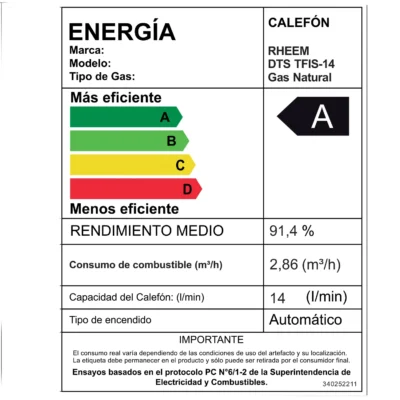 Calefont Rheem 14 litros tiro forzado GN -Eficiencia Energética