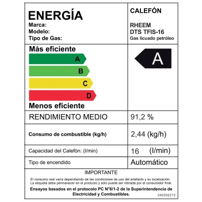 Calefont Rheem 16 litros tiro forzado GL -Eficiencia Energética