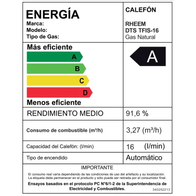 Calefont Rheem 16 litros tiro forzado GN -Eficiencia Energética